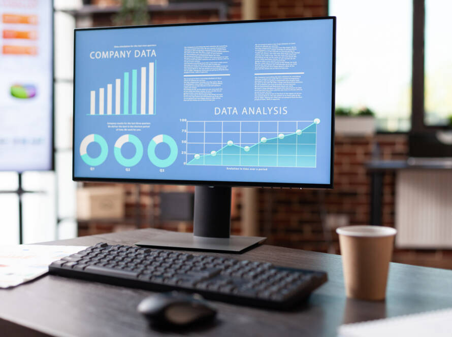 Close up monitor with company data analysis